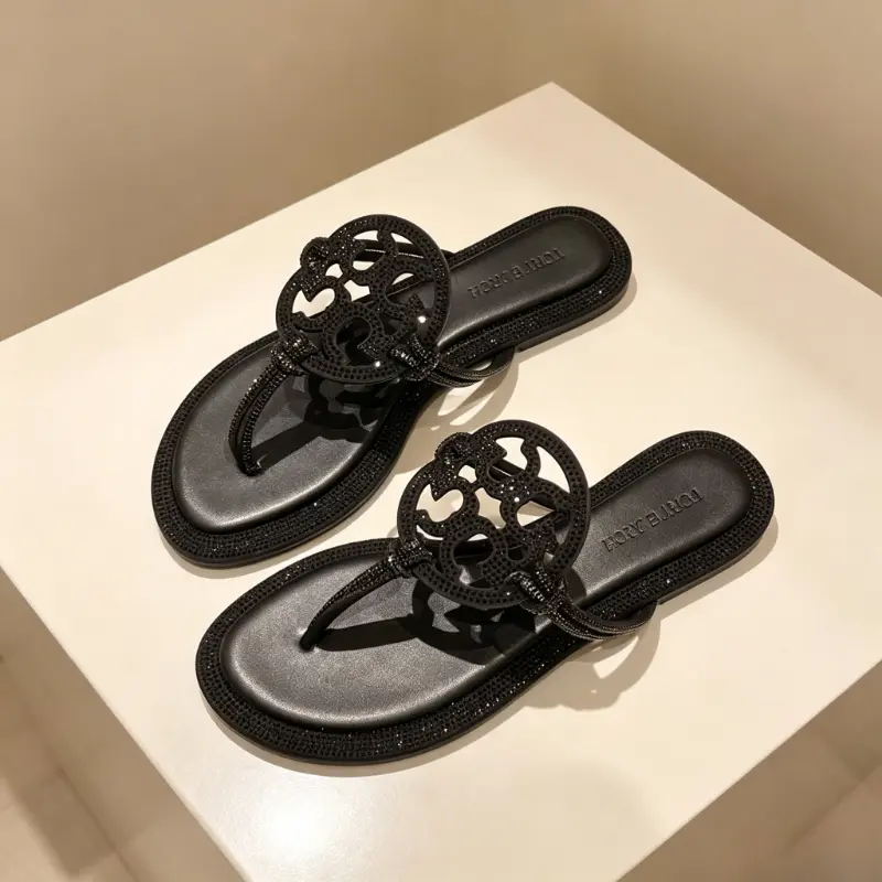 Rhinestone Hollow Out Thong Sandals for Women, Luxury Glitter Flat Flip Flops, Soft Cushion Leather Insole Slip On Summer Slide Sandals, Non Slip Casual Resort Walking Beach Flip Flops
