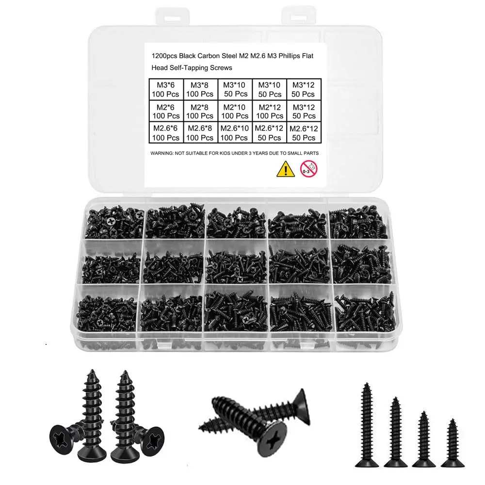 1200 count Small/ black Self-Tapping Screws Set. Phillips Flat  M2 M2.6 M3 Carbon Steel Small Countersunk Self-Tapping Screws for , Plastic and Soft Metal, DIY  Furniture Box.