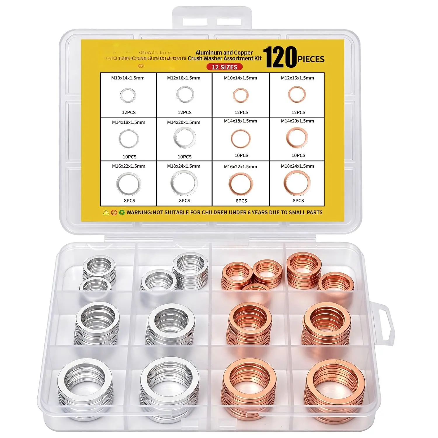 120 count Crush Washer Oil Drain Plug,  & Copper Crush Washer | 12 Sizes Oil Drain Plug Gasket  Kit for Automotive, , Marine and Mechanical Use (M10 M12 M14 M16 M18)