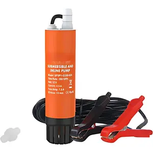280 GPH Submersible Inline Pump - 12V, Portable Transfer Pump for / Seawater, 23 ft , 16 ft Leads with Clips, 1/2 in Outlet, Marine RV, 4 Year Warranty