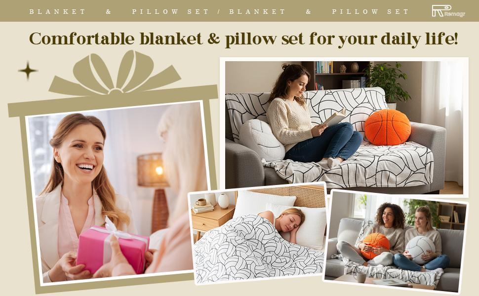 2 Pcs Sports Ball Blanket & Pillow Set 50 x 60 Inch Flannel Throw with 14 Inch Soft Throw Pillow Toy Cozy Sports Themed Blanket for Ball Lovers Gift (Volleyball)