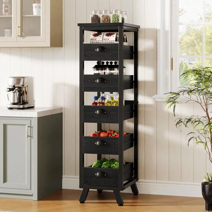 5-Tier Narrow Wooden Pull-Out Drawer Utility Organizer - MDF Wood, Metal Organizer Shelf Kitchen Furniture for Household Fruit & Vegetable Storage, Pull-Out Drawers