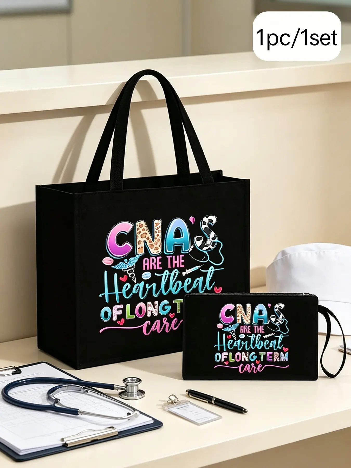 Fashion Print Women's Tote Bag Set with Makeup Pouch, Nurse Theme Large Capacity Travel Bag, Reusable and Lightweight, Fashionable Bag Set