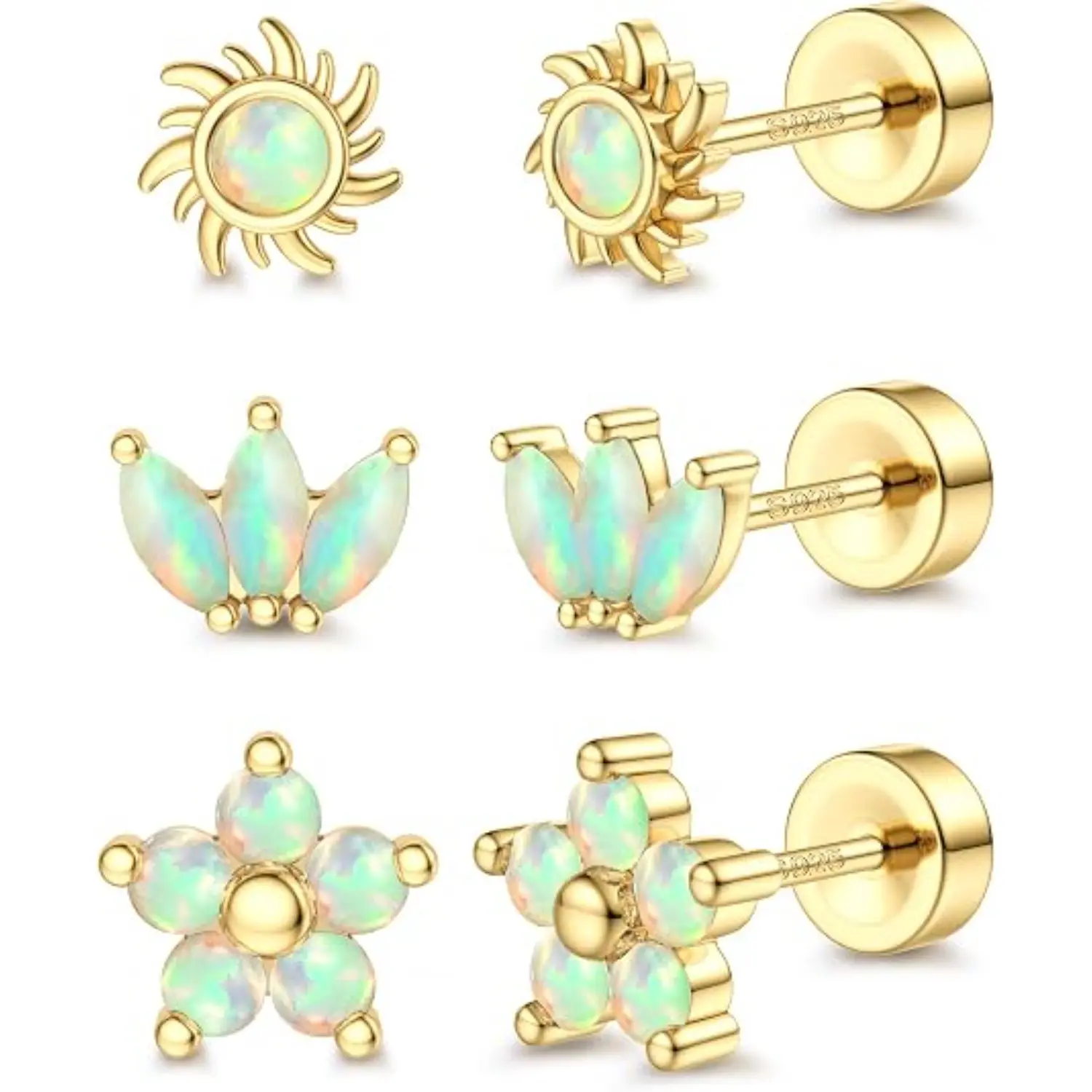 ORAZIO 925 Sterling Silver Flat Back Stud Earrings for Women Hypoallergenic 14K Plated Gold Cartilage Earrings for Sensitive Ears Small CZ Opal Conch Helix Tragus Piercing Jewelry 3 Pairs 20G