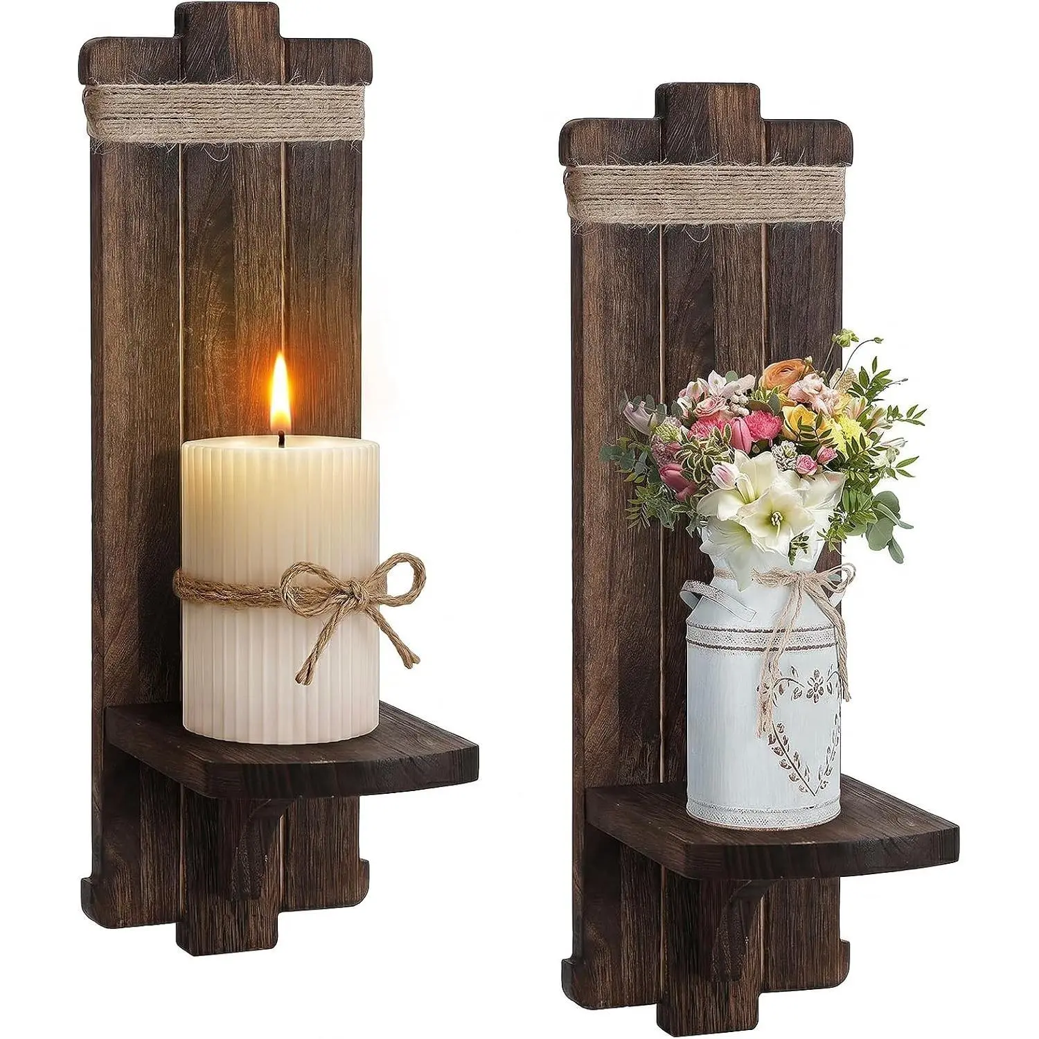 Set of 2 Handmade Wooden Candle Sconces, Vintage Farmhouse Wall Decor for Bedroom Living Room, Rustic Hanging Candle Holders Home Decoration Gift, BrownGift