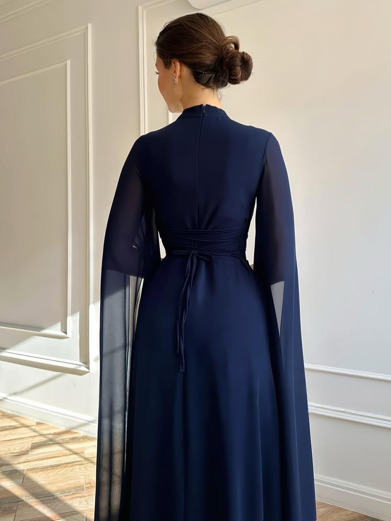 1pc Elegant Formal Evening Long Dress with Cape Sleeve, Wedding Guest Dress Women