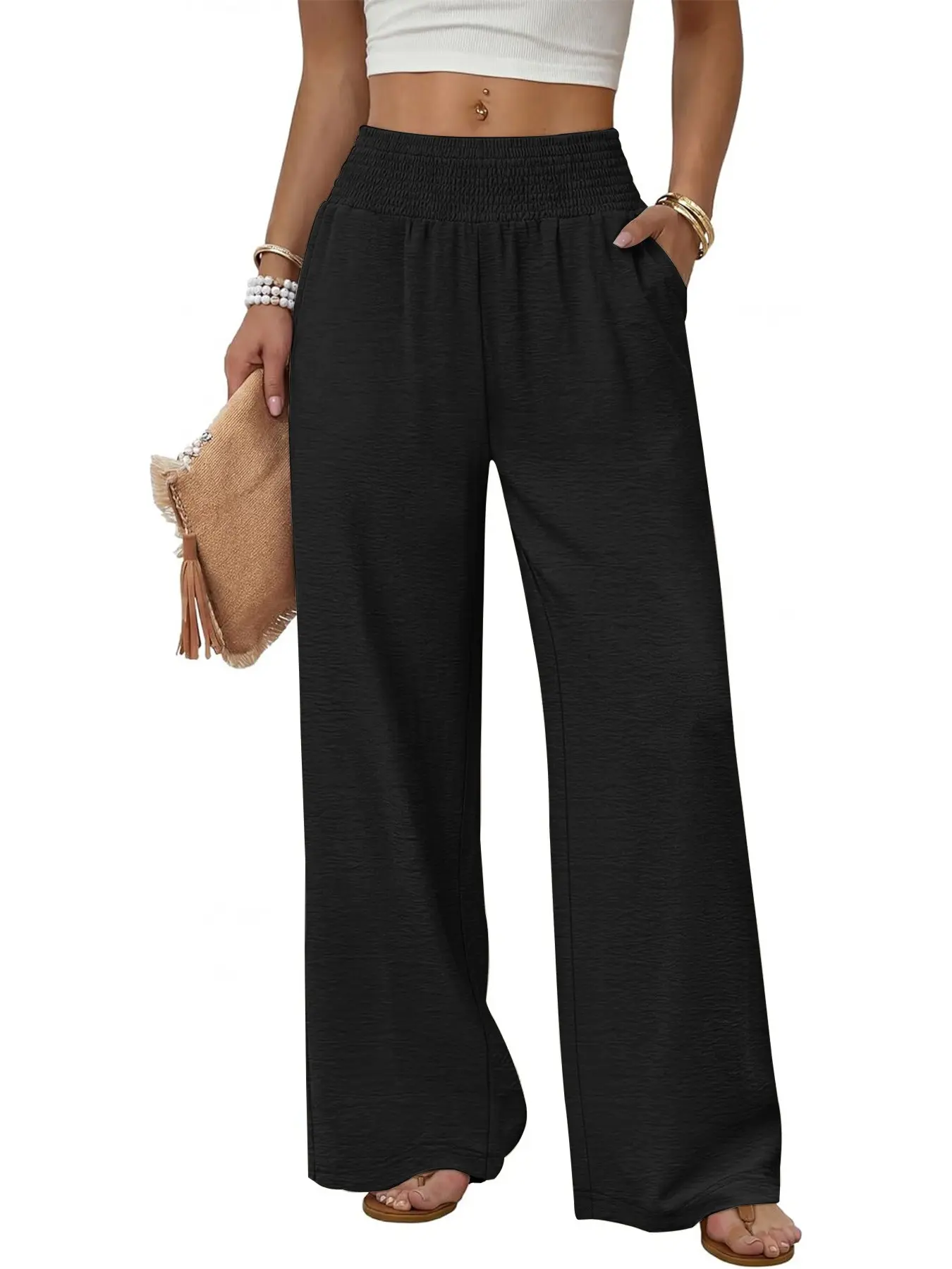 Women Smocked High Waist Wide Leg Pants, Lightweight Crinkle Textured Stretchy Palazzo Trousers, Elastic Waistband, Side Pockets, Casual Bottoms