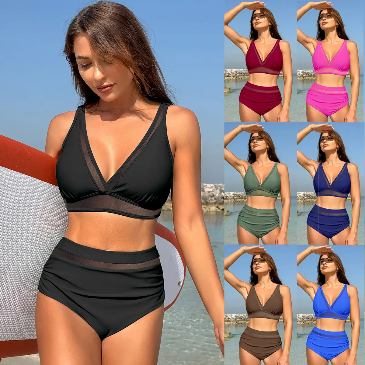 Women's Mesh Panel 2-Piece Bikini Set - Wide Adjustable Strap V-Neck Ruched High-Waisted Brief, Stretch Fabric Modest Swimwear for Beach, Pool, High-Waisted Ruched Tummy Control & Tummy-Shaping Bikinis Set, High-Waisted Ruched Tummy Control Bikinis Set, M