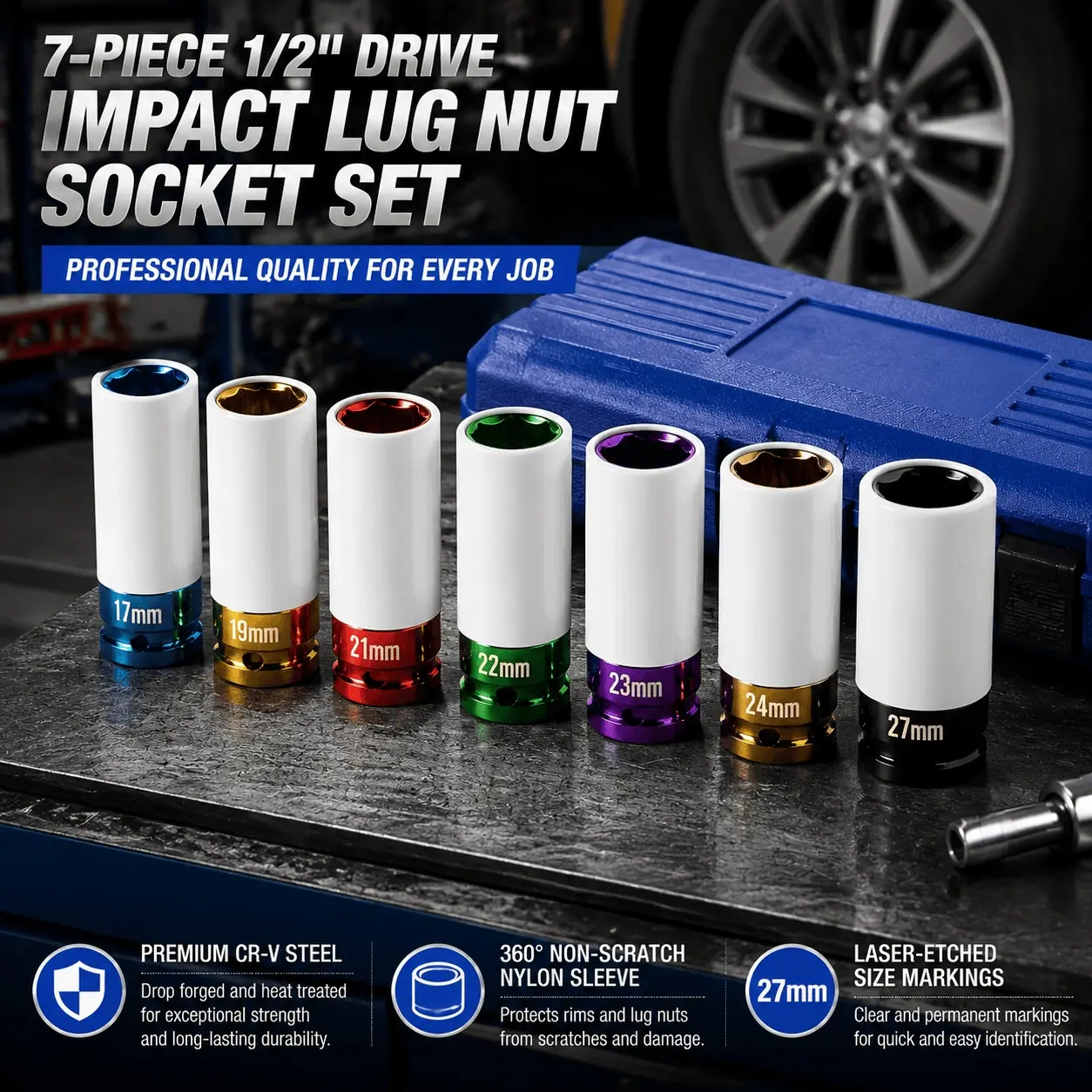 1/2 Inch Drive Impact Socket Set 17-27mm, Anti-Slip & Anti-Break for Truck SUV Tire Repair, Color Coded, Deep Wall Design Protects Wheel Finish, Heavy Duty with Storage Case for Emergency and Shop Use.