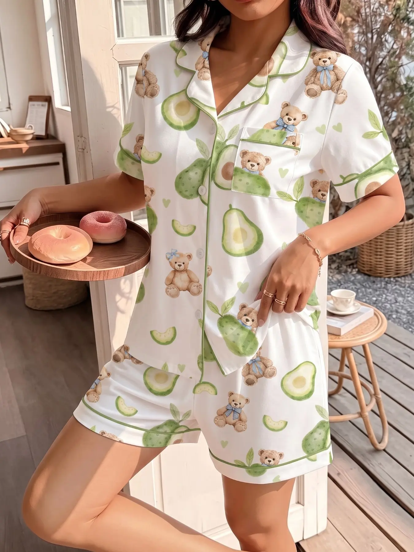 Women's Two-Piece Pajama Set, Short Sleeve Button-Up Top & Loose Shorts, Avocado Bear Print, Casual Nightwear for Home Use