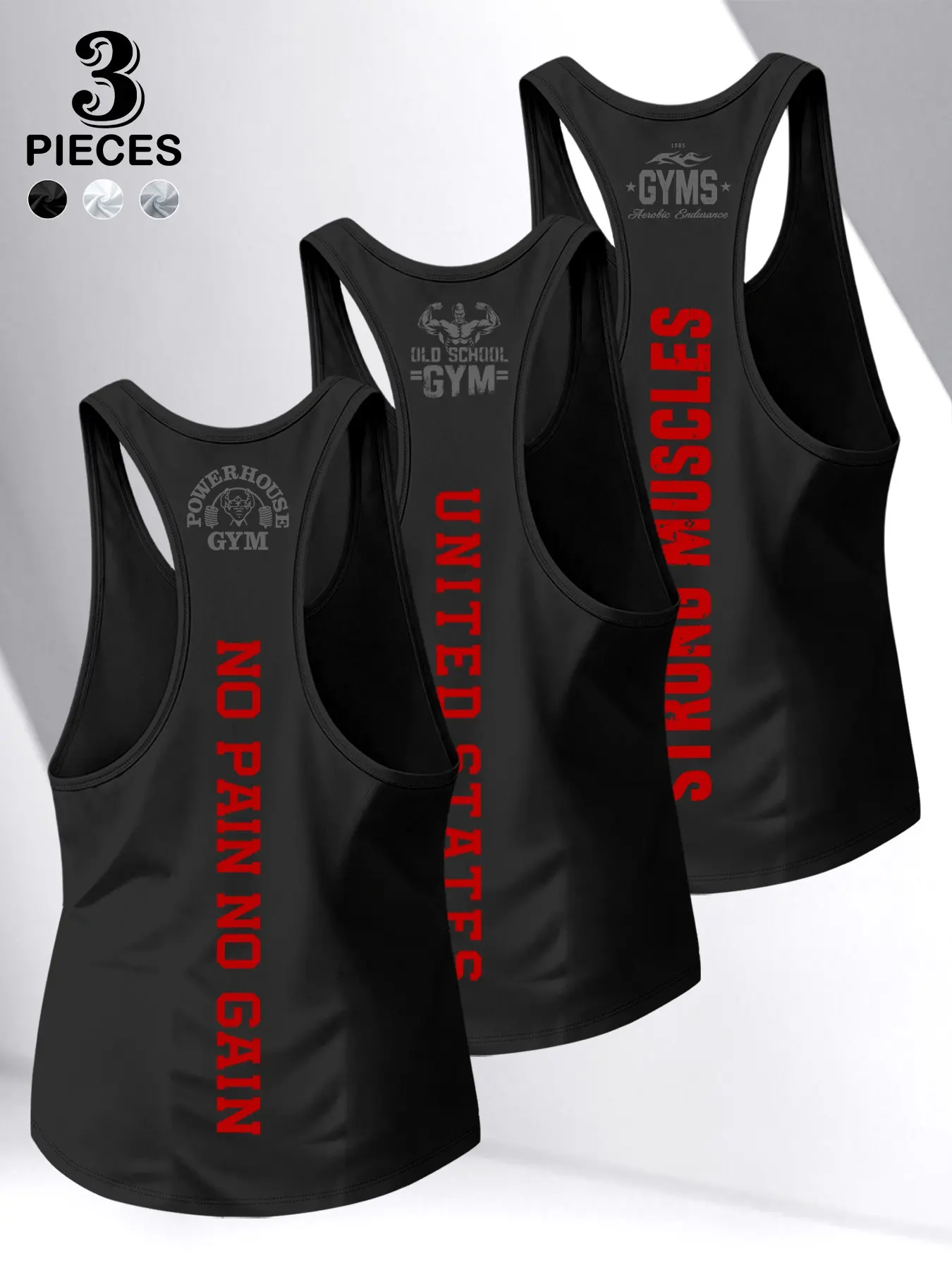 Men's 3-Piece Set Athletic Tank Tops, Colorblock Retro Fitness Tee, American High Street Summer Sports Shirt, Breathable Workout Top