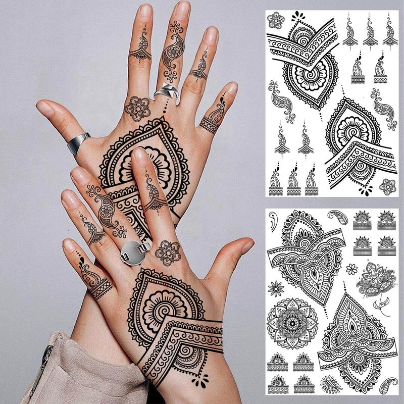 Henna Pattern Temporary Tattoo Sticker, 4 Sheets Waterproof Fake Jewelry Lotus Bracelet Tattoo Sticker, Henna Stencils, Body Art Decoration for Women & Girls