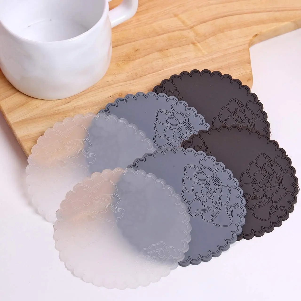 6-Pack Modern Rubber Flower Drink Coasters - Vantage Rose Heat-Resistant 10cm Mats for Office/Kitchen Room Decor