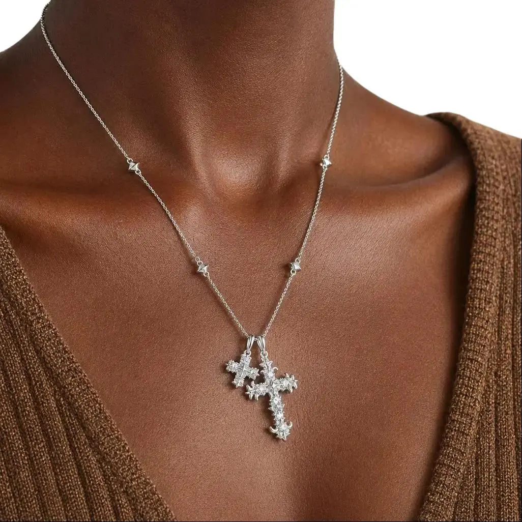 Iris Flower Cross Pendant Necklace for Women, Brass Electroplated Religious Jewelry, Elegant Floral Cross Chain Necklace, Faith-Inspired Daily Wear Gift