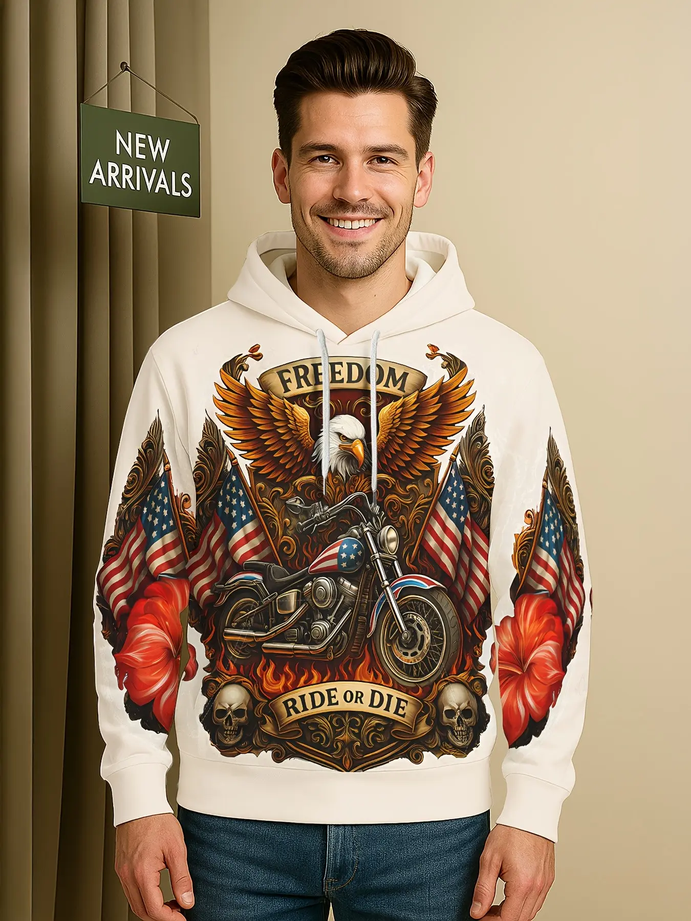 American Eagle Graphic Hoodie for Men, Casual Long Sleeve Pullover, Loose-Fit Fall & Winter Outerwear, Trendy Printed Sweatshirt