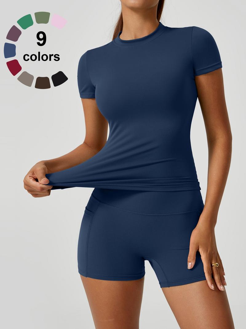 Women's Solid Tee & High Waist Shorts Sportswear Set, Casual Sporty Short Sleeve T-Shirt & Skinny Shorts, Ladies Summer Sportswear for Gym Workout Running, Breathable Activewear, Sporty Breathable Outfits