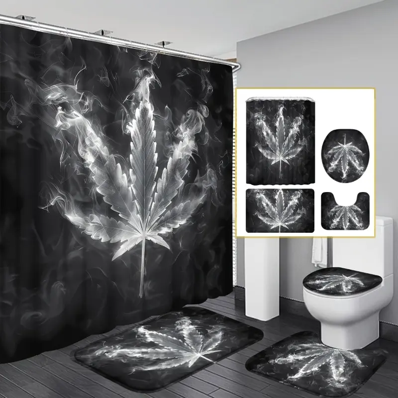 1/4PCS Leaf Print Shower Curtain Set – Waterproof Tobacco Leaf Bath Curtain, Non-Slip Mat, Toilet Cover, Bath Mat, Leaf Theme Set with 12 Hooks, Bathroom Accessories, Home Bathroom Decor