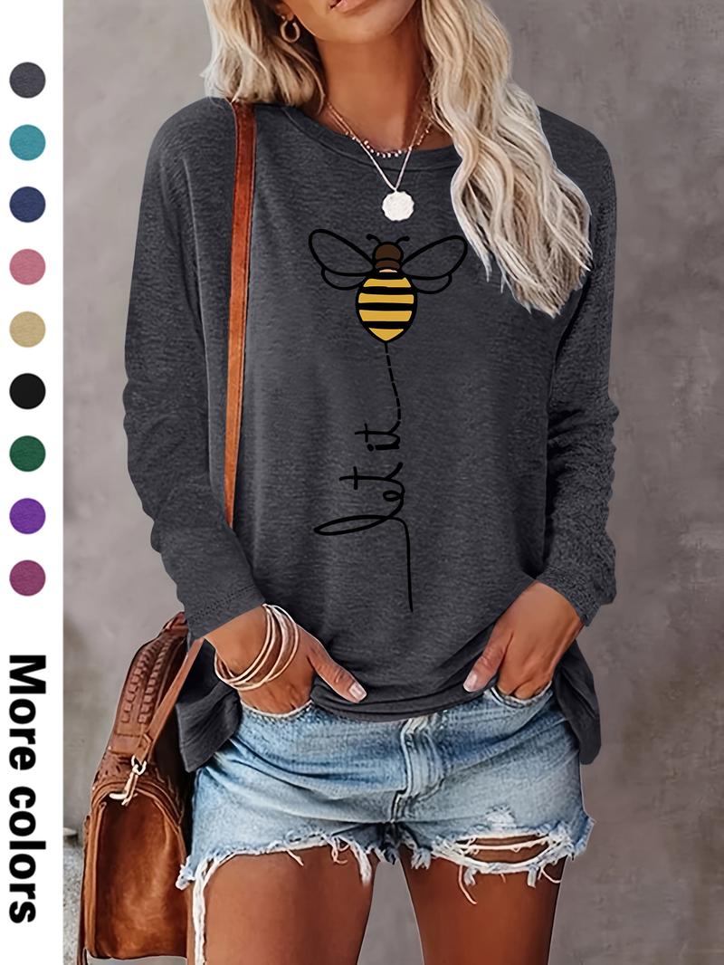 Women's Cartoon Bee Print Round Neck Tee, Casual Chic Long Sleeve Crew Neck T-shirt for Fall & Winter, Women's Top for Daily Wear, Womenswear