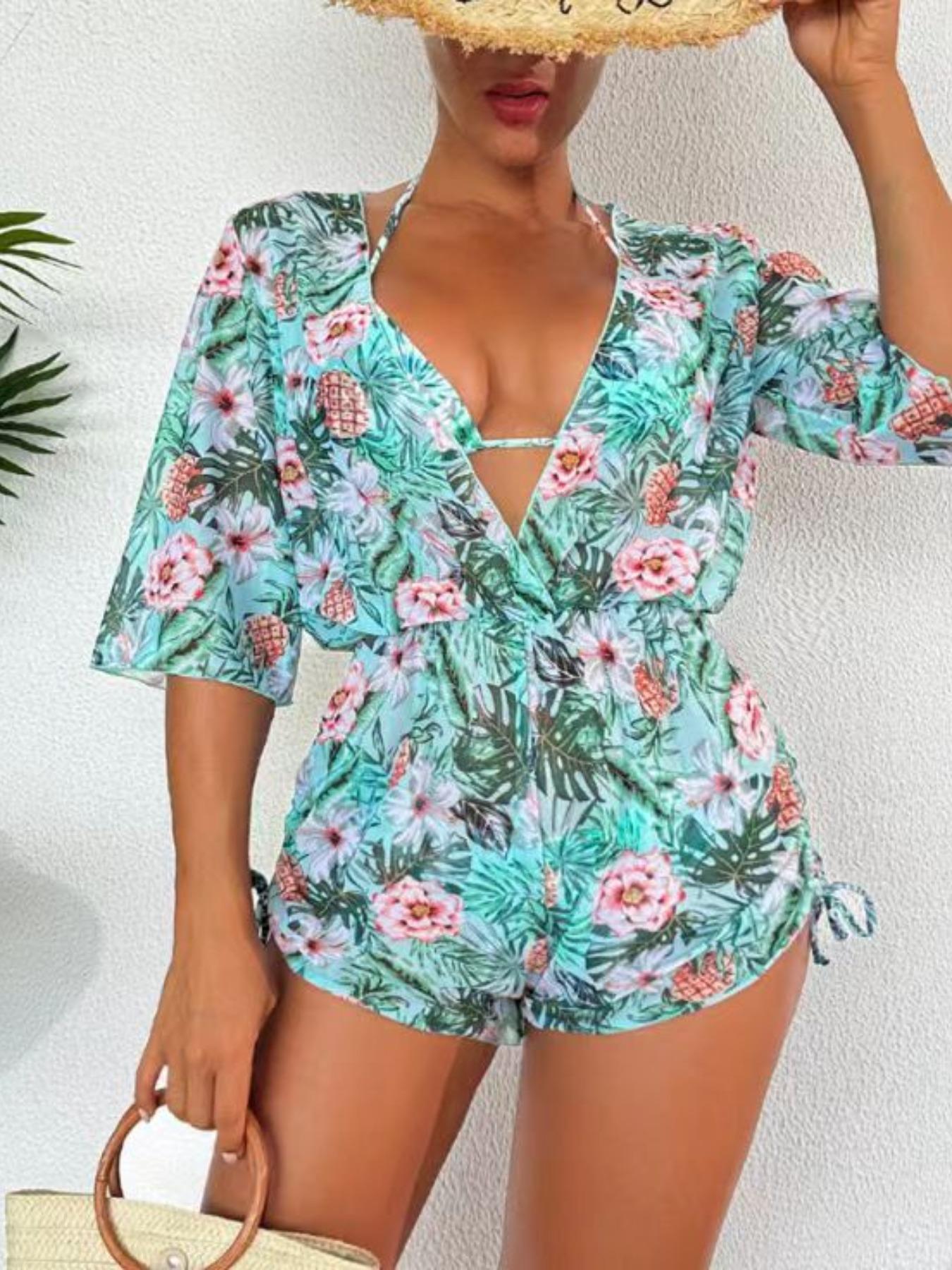 Three-piece Set Women's Plants Print Swimsuit Set, Including Swimsuit Cover Up & Halter Top & Panty, Fashion Chic Ladies Bathing Suit for Beach Holiday Vacation, Leaf Print Bikini