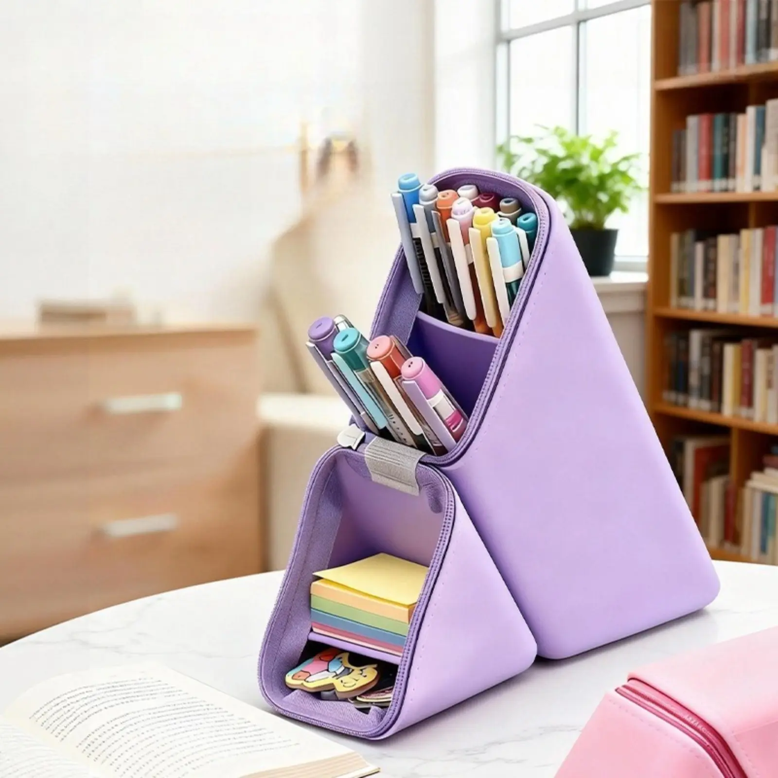 Standing Silicone Triangle Pencil Case: Foldable Desk Pen Holder Pouch & Multi-Layer Desk Organizer for Students Office School Supplies