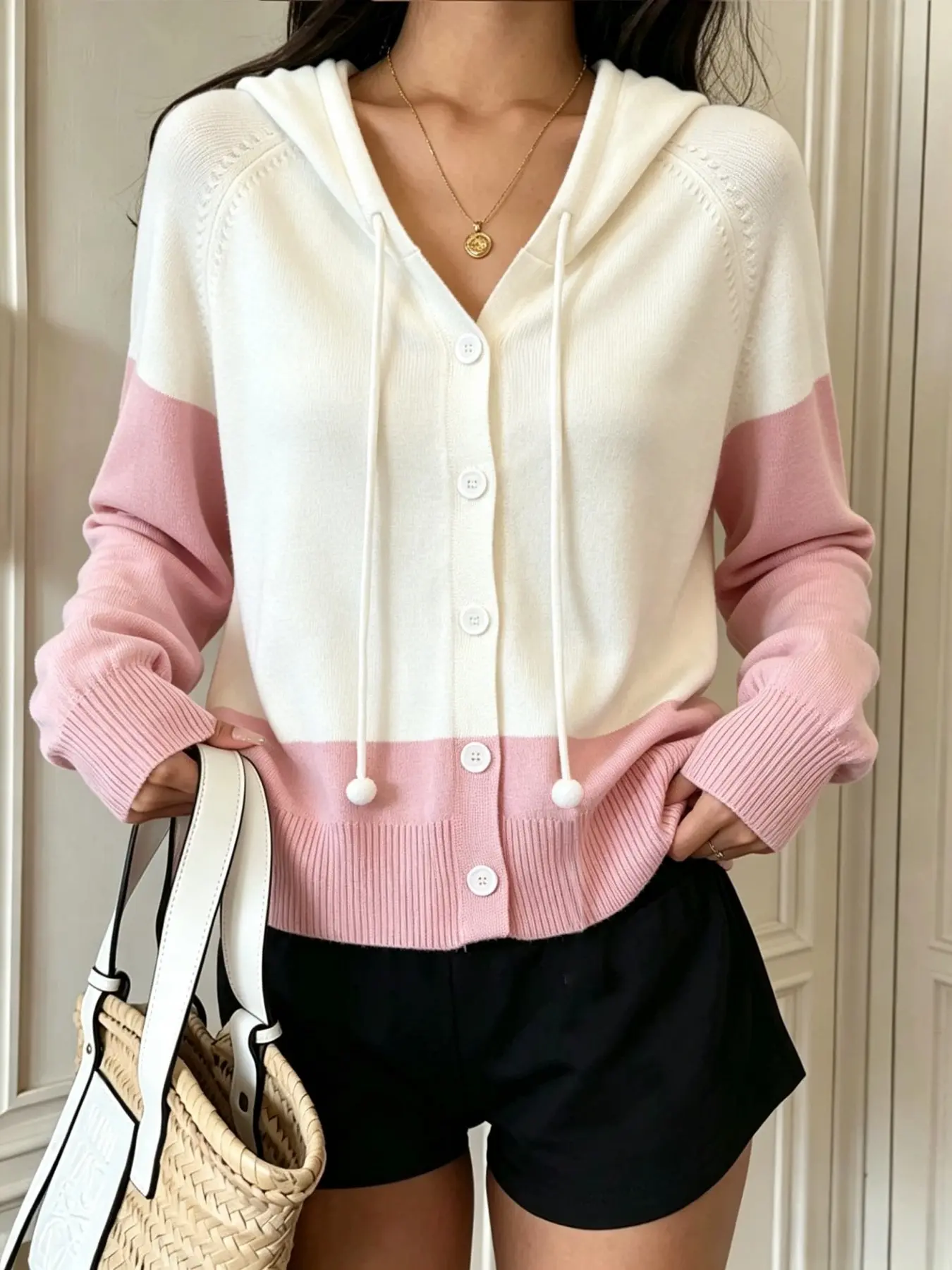 Autumn Winter Sweet Hooded Button Front Sweater Coat, Fashion Casual Loose Fit Knit Outerwear, Stylish Relaxed Pullover Jacket, Fashion Knitwear Clothing