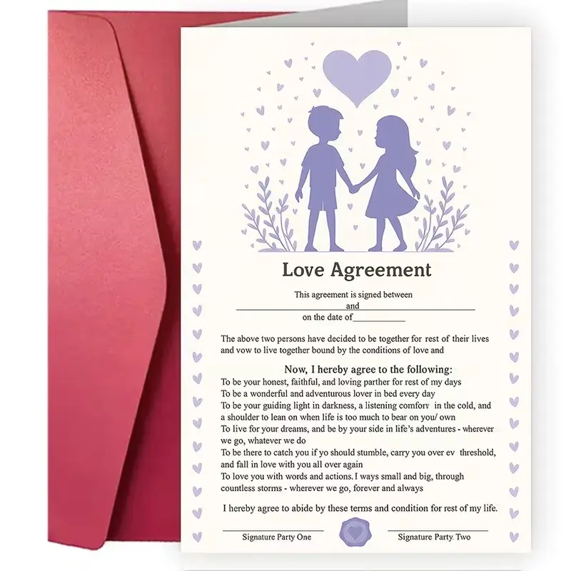 Romantic Love Agreement Card for Couples, Wedding Vows, Anniversary, Valentine's Day, Commitment Certificate, English Text, Gift for Partners