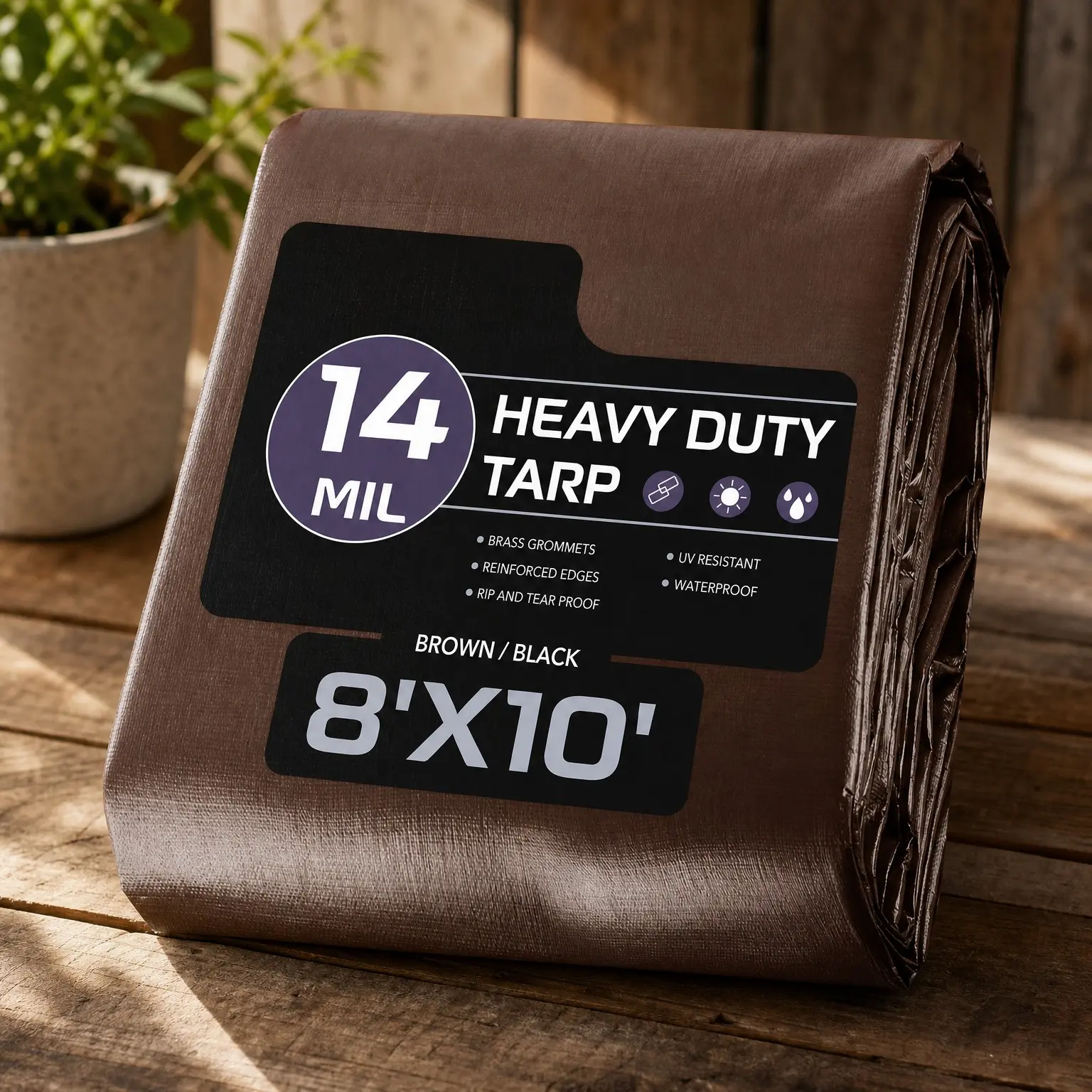 8x10 FT Heavy Duty Waterproof 14 Mil Brown Tarp | Thick Plastic, UV Resistant, Tear & Fade Resistant, Reinforced Edges with Grommets Every 23.6" for Outdoor Pool, Camp & TentGift