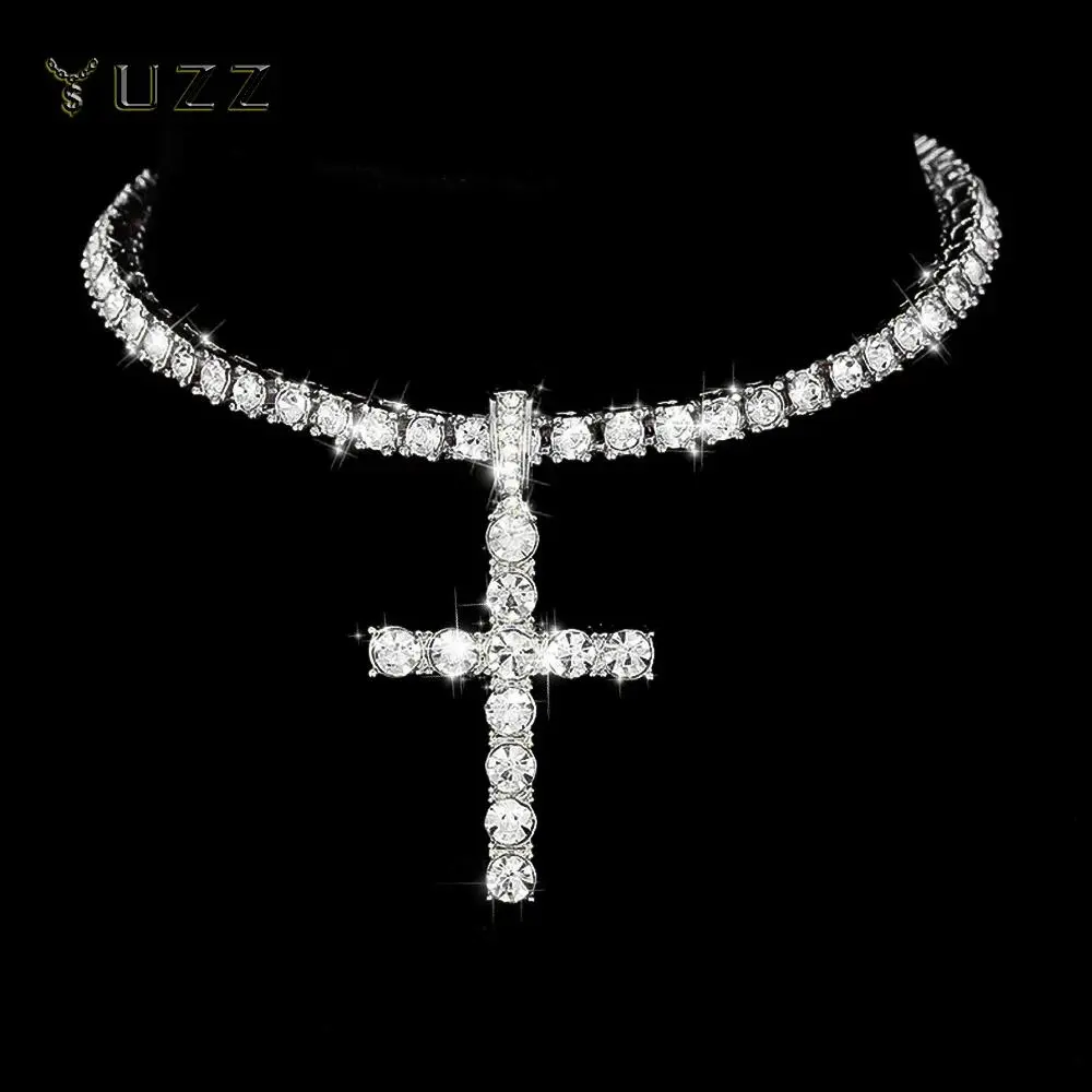Iced Out Cross Pendant Necklace Set - 4mm Zircon Tennis Chain, Secure Cuban Link Choker, Cross Shape, Customizable Length, Multi-Size, Sparkly Look, Punk Fashion Jewelry for Men, Everyday Use, Elegant Religious Charm Birthday Gift with Message Card, Unise