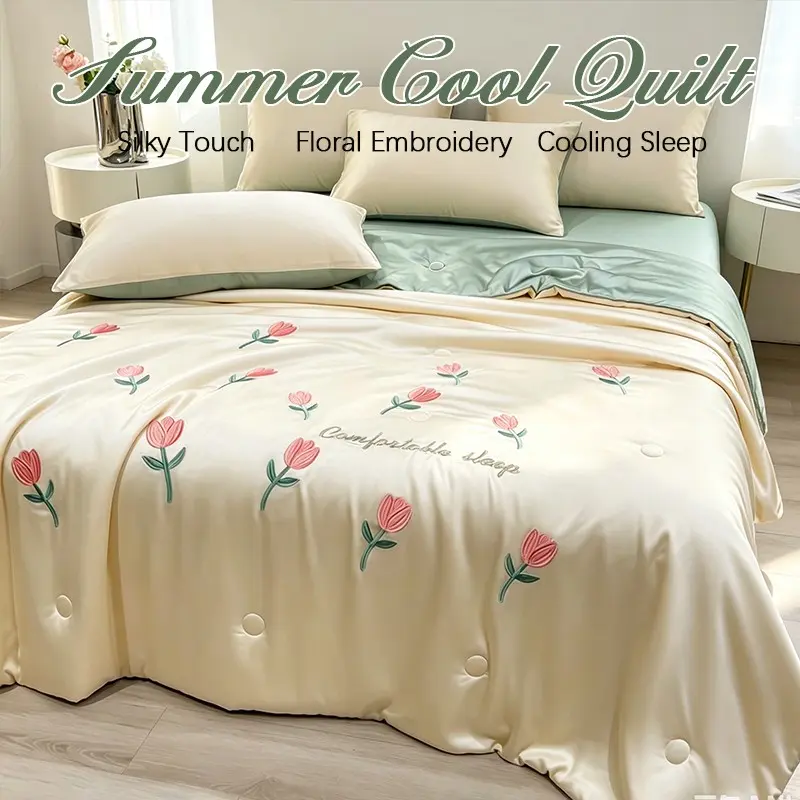 Single Pack Luxury Embroidered Cooling Blanket, Silky Cool Touch Breathable Sweat-Wicking Summer Comforter, Soft Skin-Friendly for Naked Sleeping, Lightweight Washable, Various Sizes & Fashion Colors, Ideal for Dorm, Office, Travel, Camping & Car