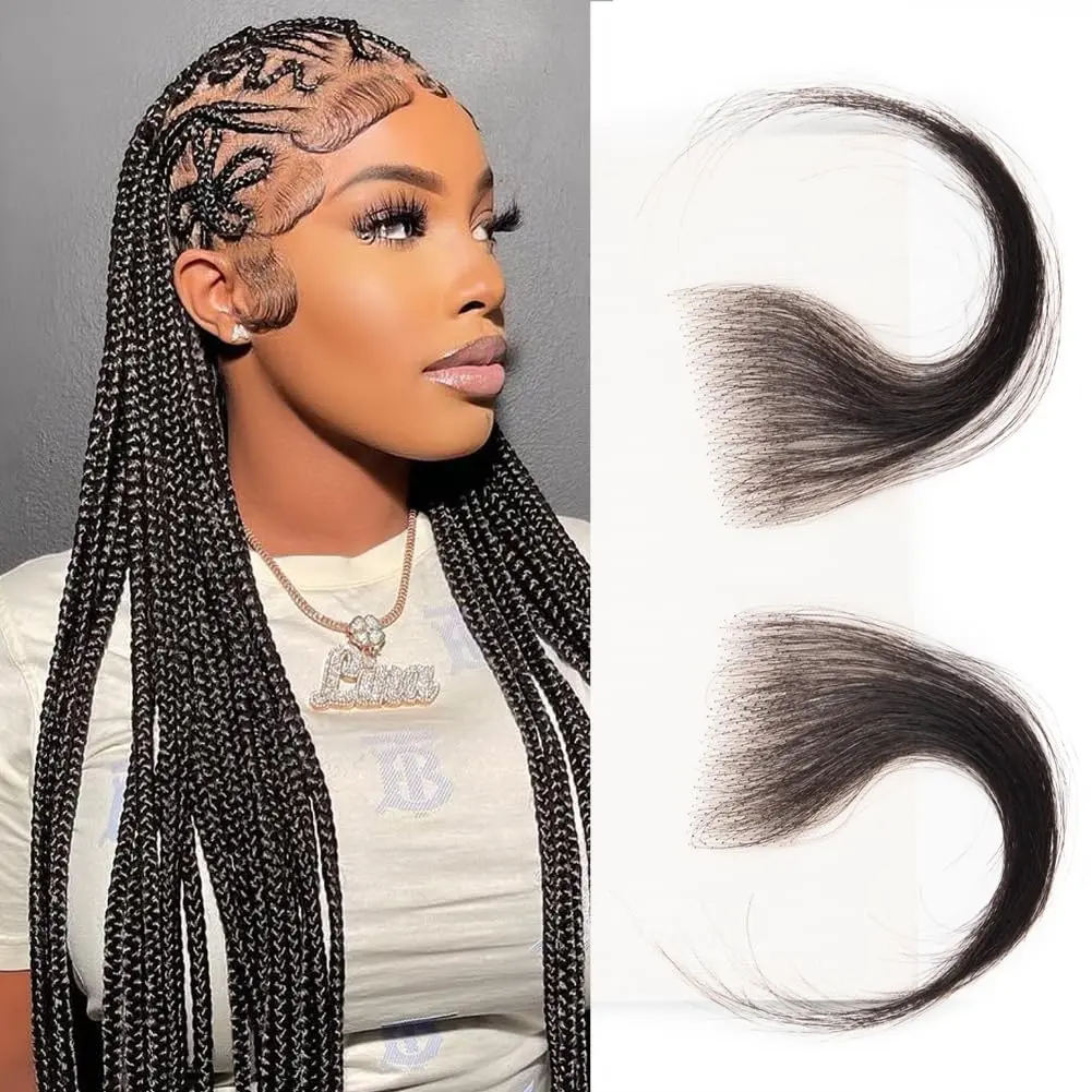 Edges Hair HD Lace Baby Hair Stripes for Black Women Reusable Invisible Lace Hairline Handmade Fake Edges Real Human Hair Pieces Natura Black 2 Pcs
