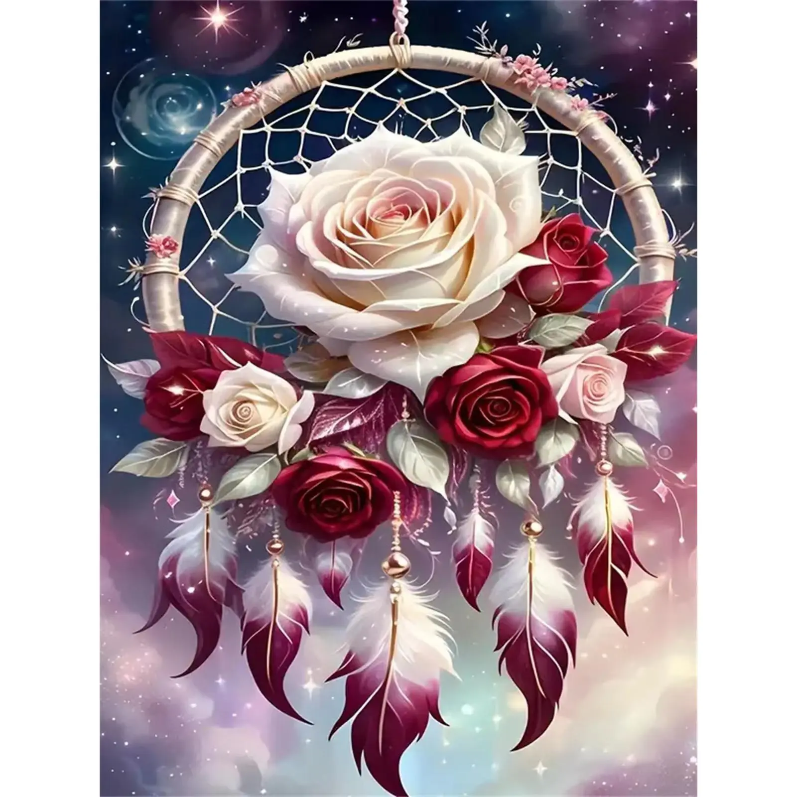 5D DIY Diamond Art Painting Kit, Rose Dreamcatcher Feather Mosaic Canvas Art, Home Wall Decor Gift for Ramadan, Birthday, Anniversary, Diamond Art Tools, Diamond Painting Kits