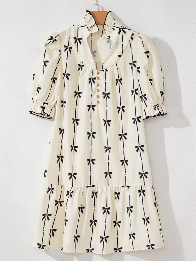 Women's Bowknot Print Bubble Sleeve Dress, Fashion Casual Short Sleeve Dress for Daily Outdoor Wear, Ladies Clothes for All Seasons