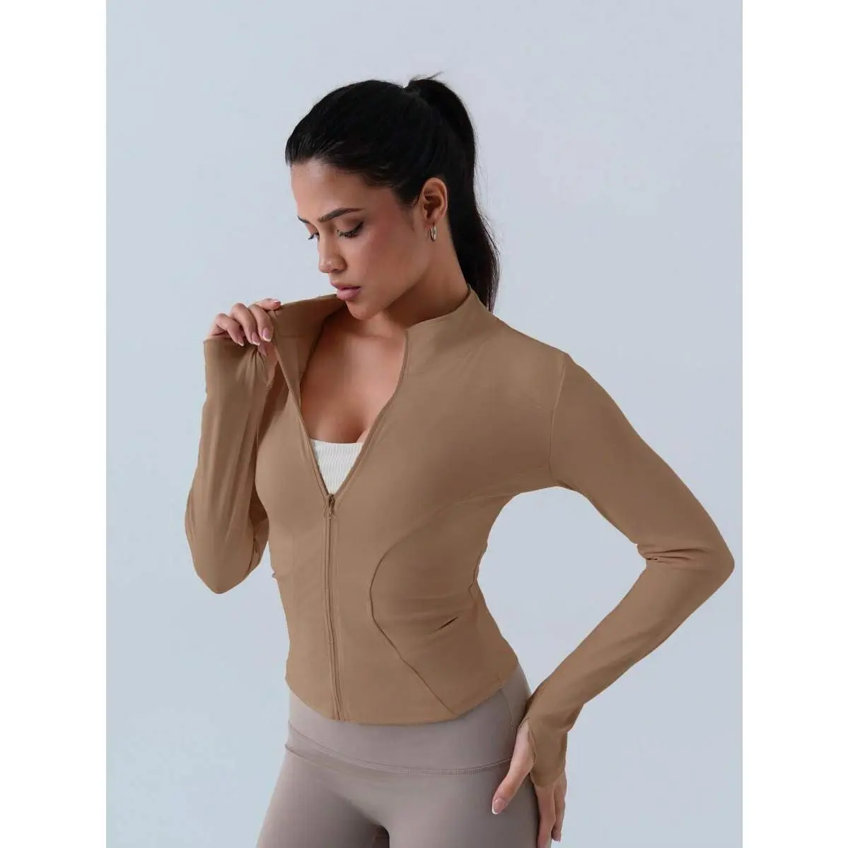 Women's Fitted Zip-Up Jacket - Neck Thumb Hole Activewear, Stretch Workout Jacket Yoga, Gym, Running & Casual Wear BBLjacket,Solid,Pocket,Sports