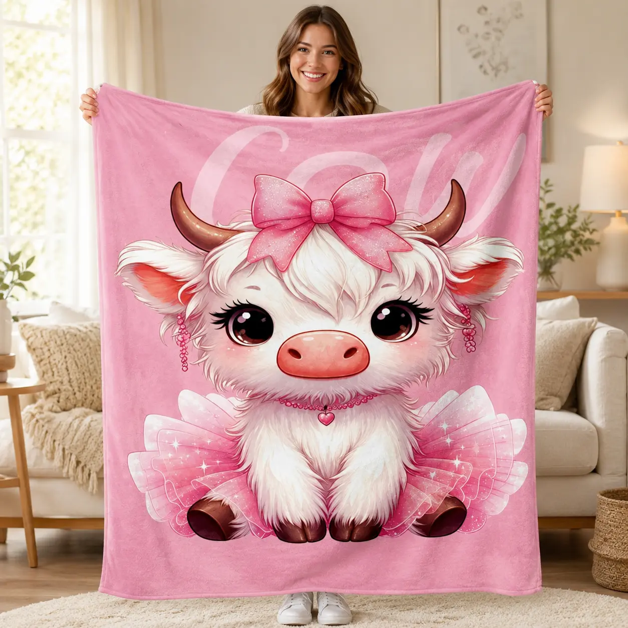 Soft Comfortable Funny Throw Blanket Room Decor Cute Cartoon Cow Print Plush Fabric Blanket Warm,Comfy Bedding Napping Blanket For Home Office Travel Camping,Christmas Gifts,Christmas Decoration
