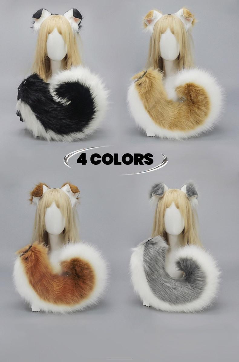 4 Styles Faux Fur Animal Ears and Tail, Halloween Cosplay Costume Accessories for Adults and Teens Handmade Dog Ear Headband and Bendable Tail Set