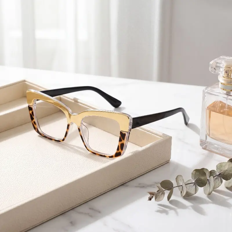 Cat-Eye Color Block Eyewear Fashion Frames, Full Rim Metal High-Quality Decorative Glasses for Men-Women Everyday Wear & Photoshoots