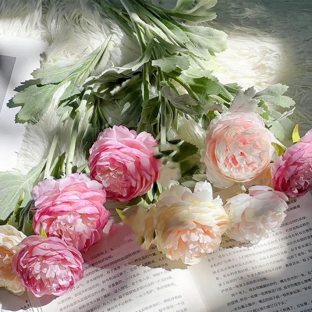8pcs Premium Silk Ranunculus & Peony Eternal Flower Bouquet - Pink, Cream White, Dusty Blue, with Boxes, for Wedding Bridal, Bedroom & Entryway Decor, Realistic Faux Gift Blooms