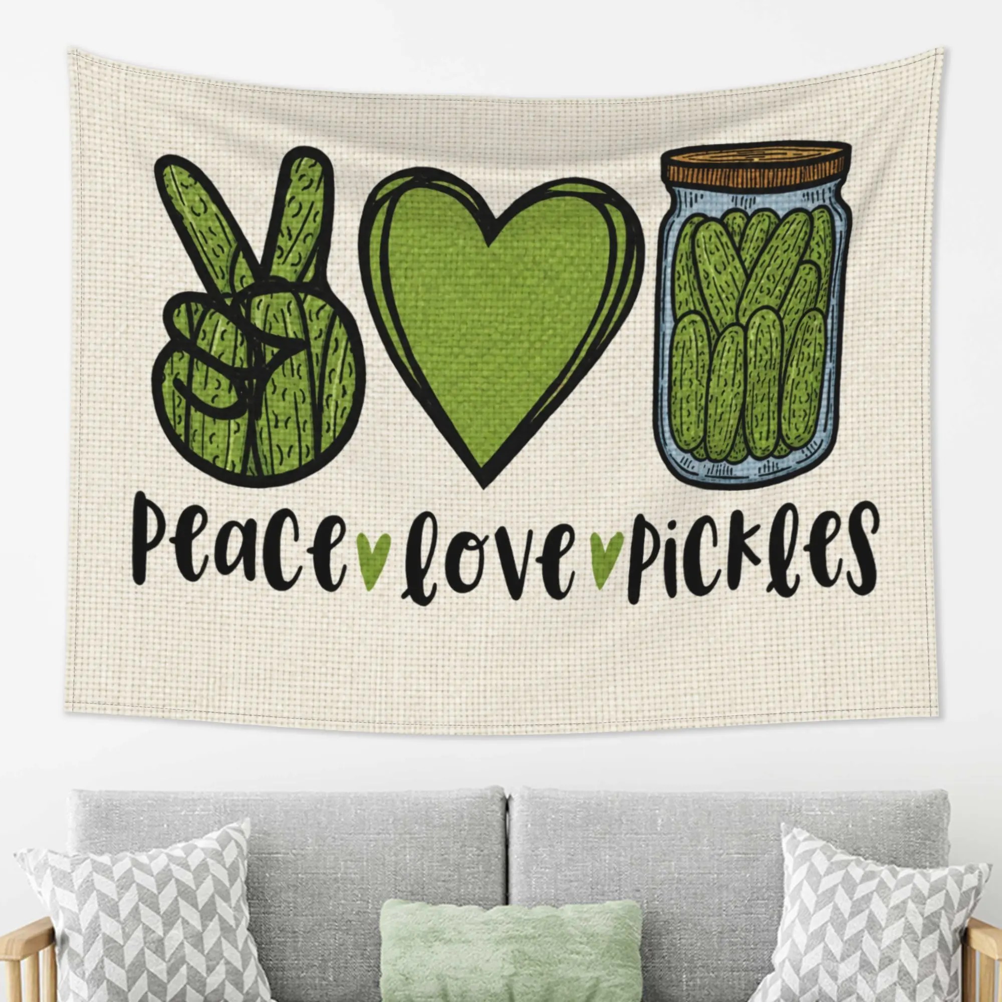 Peace Love Pickles Wall Hanging Tapestry, Funny Green Pickle Jar Graphic Art Aesthetic Fabric Backdrop for Bedroom Living Room Kitchen Dorm Party Decor, Cute Foodie Gift Theme Wall Blanket