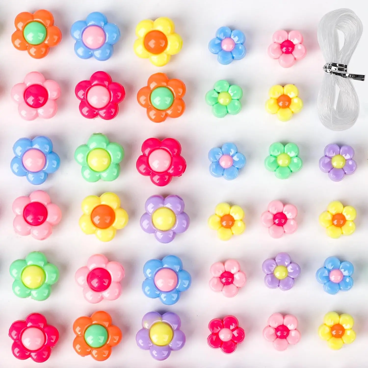 180 count Flower Beads for  Making,  Colorful  Floral Spacer Beads with Elastic String, 2 Sizes Pastel Beads Bulk for DIY Bracelet Necklace Earring Crafts