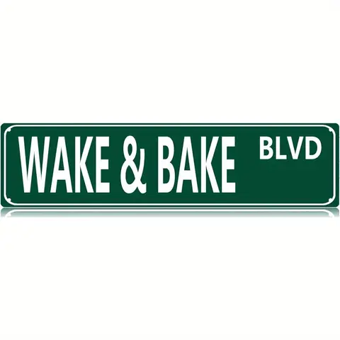 Wake & Bake Blvd Metal Tin Sign - 16x4 in Slim Vintage Weed Wall Art, Bold Weed Humor House Decor, Pre-drilled Mount Collectible Tin Home Signs, Bedroom/Man Cave Decor, Gift for Him Graduation