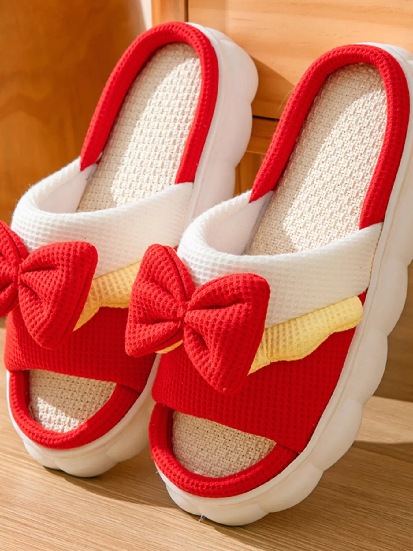 Cute Bow Open-Toe Linen Slippers, Soft Pastel Colors, Quiet Sole, Perfect for Hardwood Floors, All-Season Romantic Home Shoes