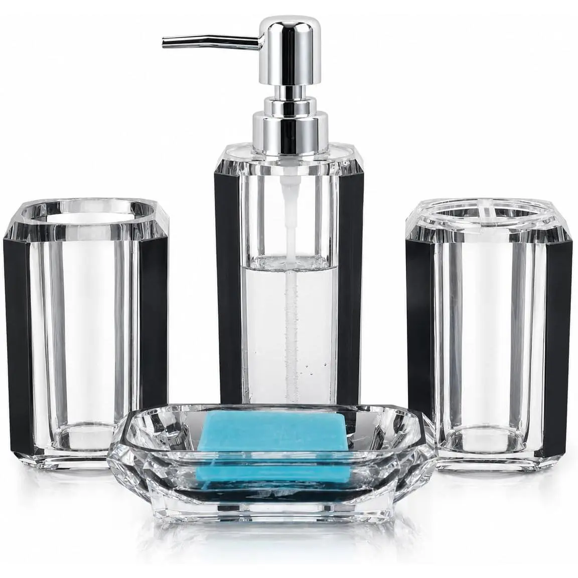 4-Piece Black Acrylic Bathroom Accessories Set - Textured Brushed Diamond-Style Vanity Set with Leak-Proof Soap Dispenser, Soap Dish, Mouthwash Cup, Multi-Functional Toothbrush Holder, Convenient & Practical Camping Hiking Tent Decor, Ideal Gift, Four-Pie