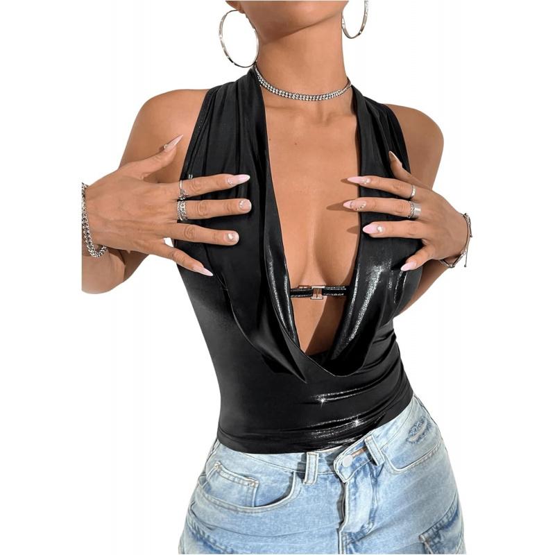 Women's Metallic Draped Front Cowl Neck Halter Top Backless Slim Fit Y2k Club Party Crop Tank Tops, sexy V-neck and exposed chest