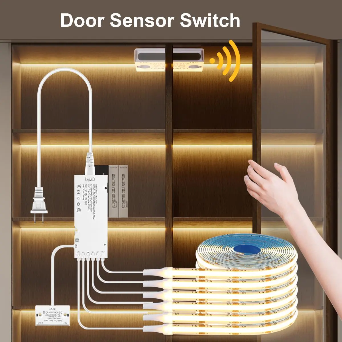 Auto Door Sensor COB LED Strip Light, Warm White Self Adhesive Tape Lamp, For Closet Wine Showcase Cabinet Room Decor