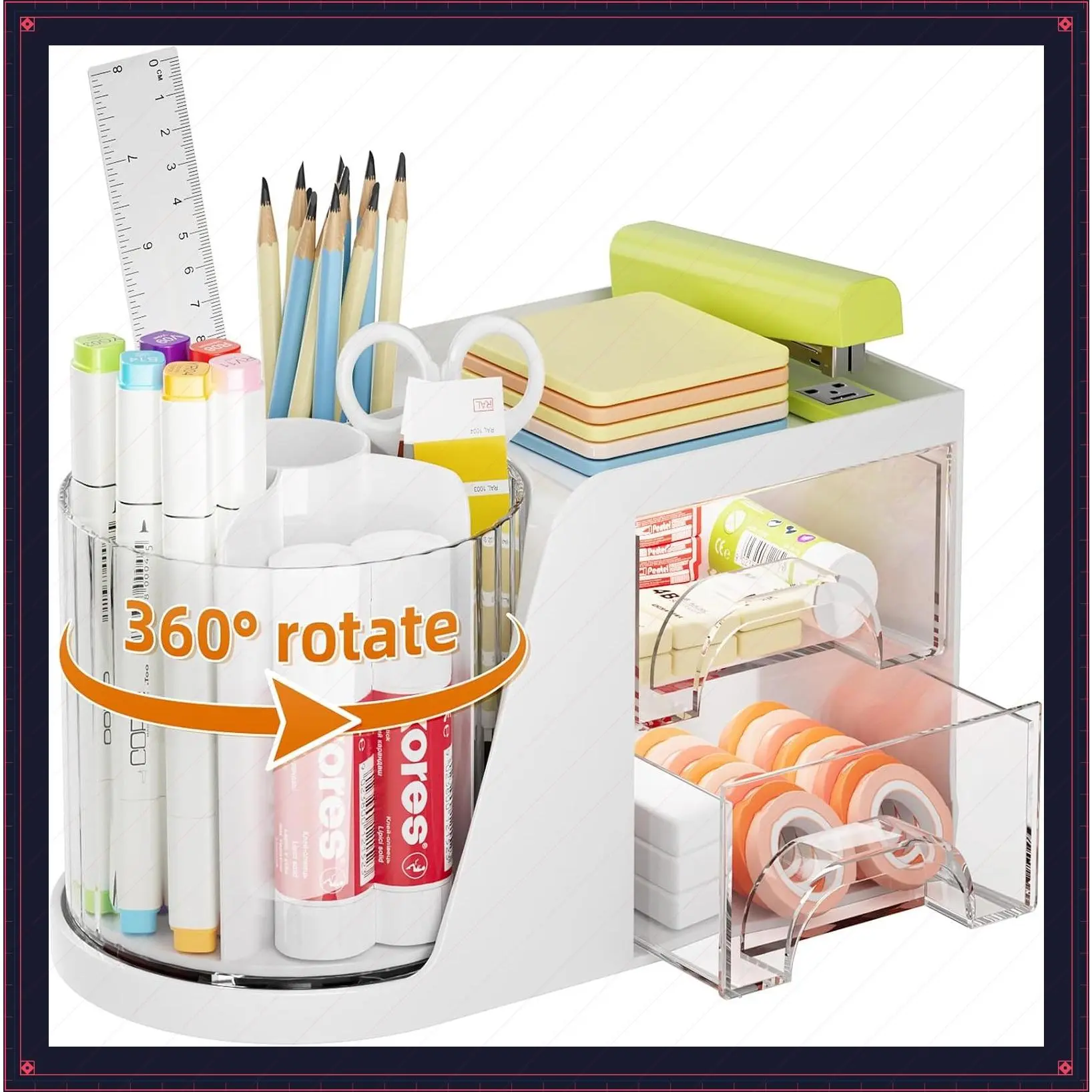 360° Rotating Pen Holder Desk Organizer with 2 Drawers and 6 Slots, White Art Supply Storage Caddy for OfficeGift