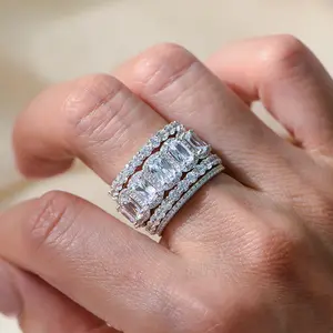 S925 Silver Iced Out CZ Eternity Ring for Women, Radiant Cut Sparkly Wedding Band, Luxury Diamond Look Promise Ring Gift