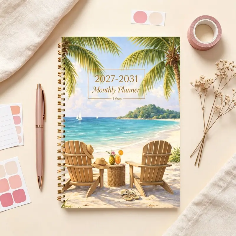 2027-2031 Monthly Planner/Calendar - January 2027 to December 2031, 5-Year Monthly Planner, Beach Vacation Cover Design Notebook, Yearly Calendar Planning, Monthly Tabs, 60-Month Calendar, 5.5 x 8.3 Inches Thick Paper, Flexible Cover, Durable Double Wire