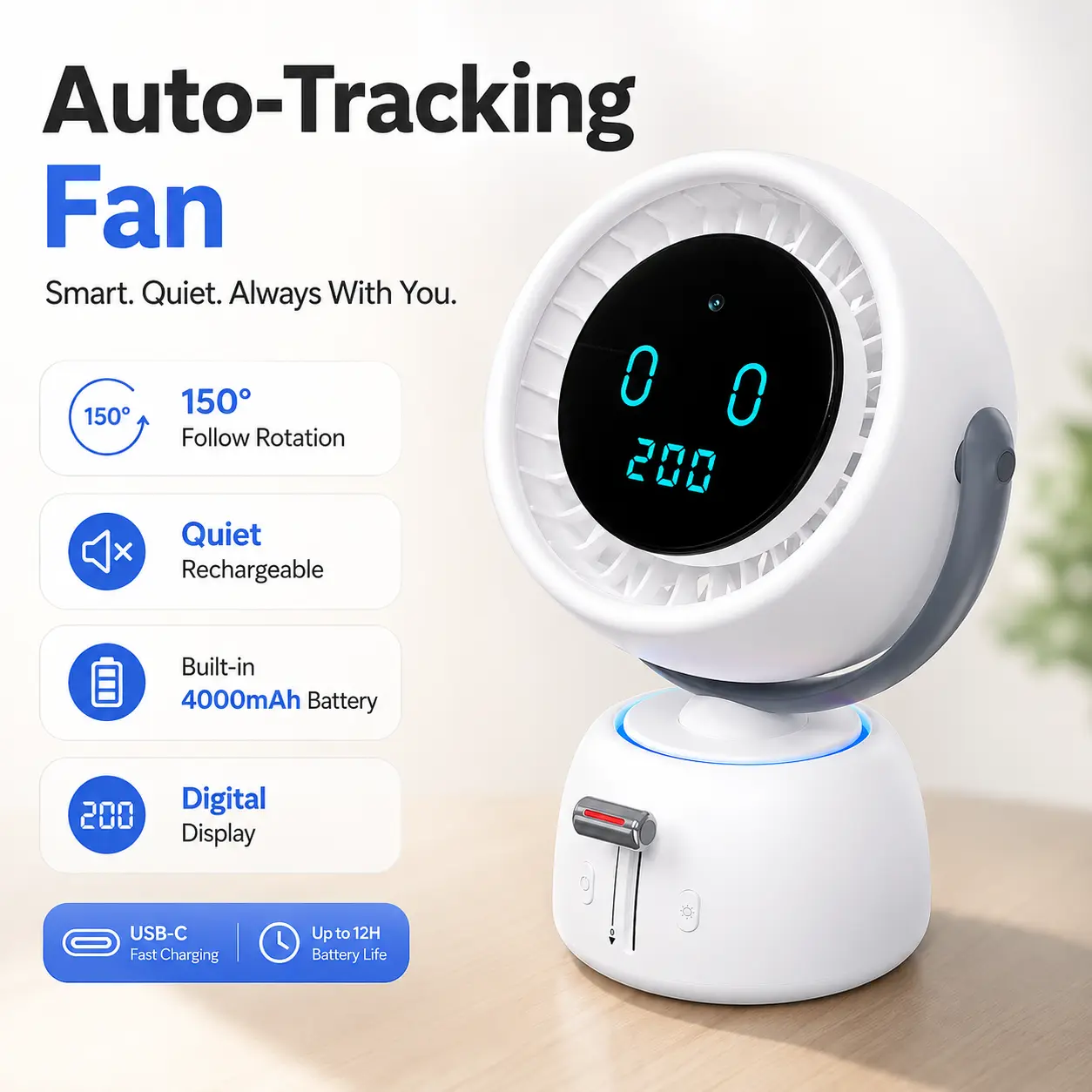 Smart Auto-Tracking Rechargeable Fan with 150° Follow Rotation, High-Speed Adjustable Airflow Modes, Quiet Cordless Operation and Digital Display, Compact Personal Cooling Fan for Bedroom, Office, Vanity, Kitchen and Everyday Home Use