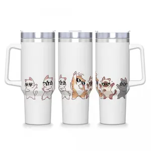 Cat Lover Must Have! Clean White Background Funny Cartoon Kitten Squad Wearing Sunglasses Dancing Full Wrap 40oz Handle Tumbler With Straw