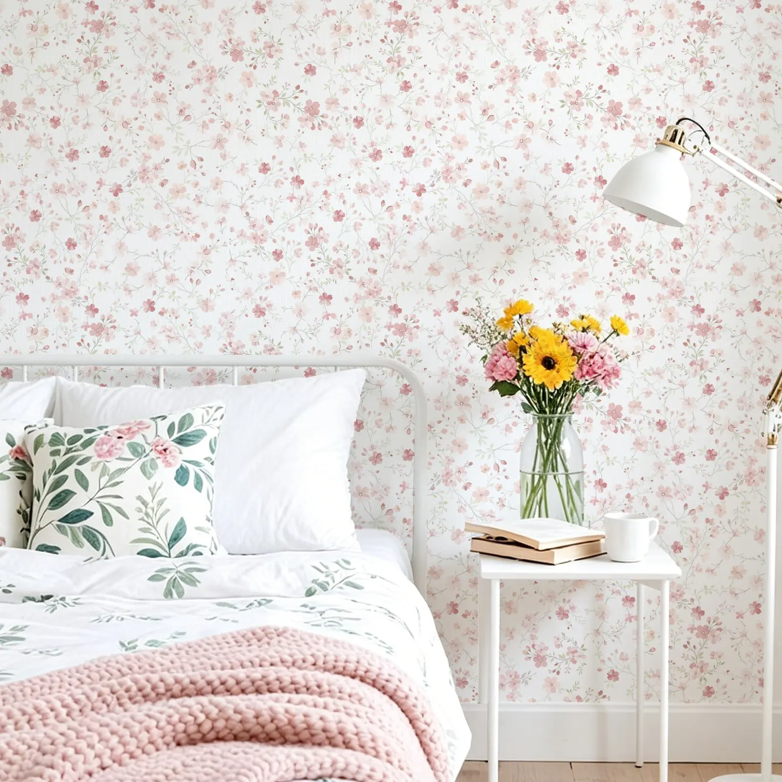 French Self-Adhesive Wallpaper Roll, Light Background, Floral Pattern, Waterproof, Removable Wall Sticker for Bedroom, Living Room, Entryway